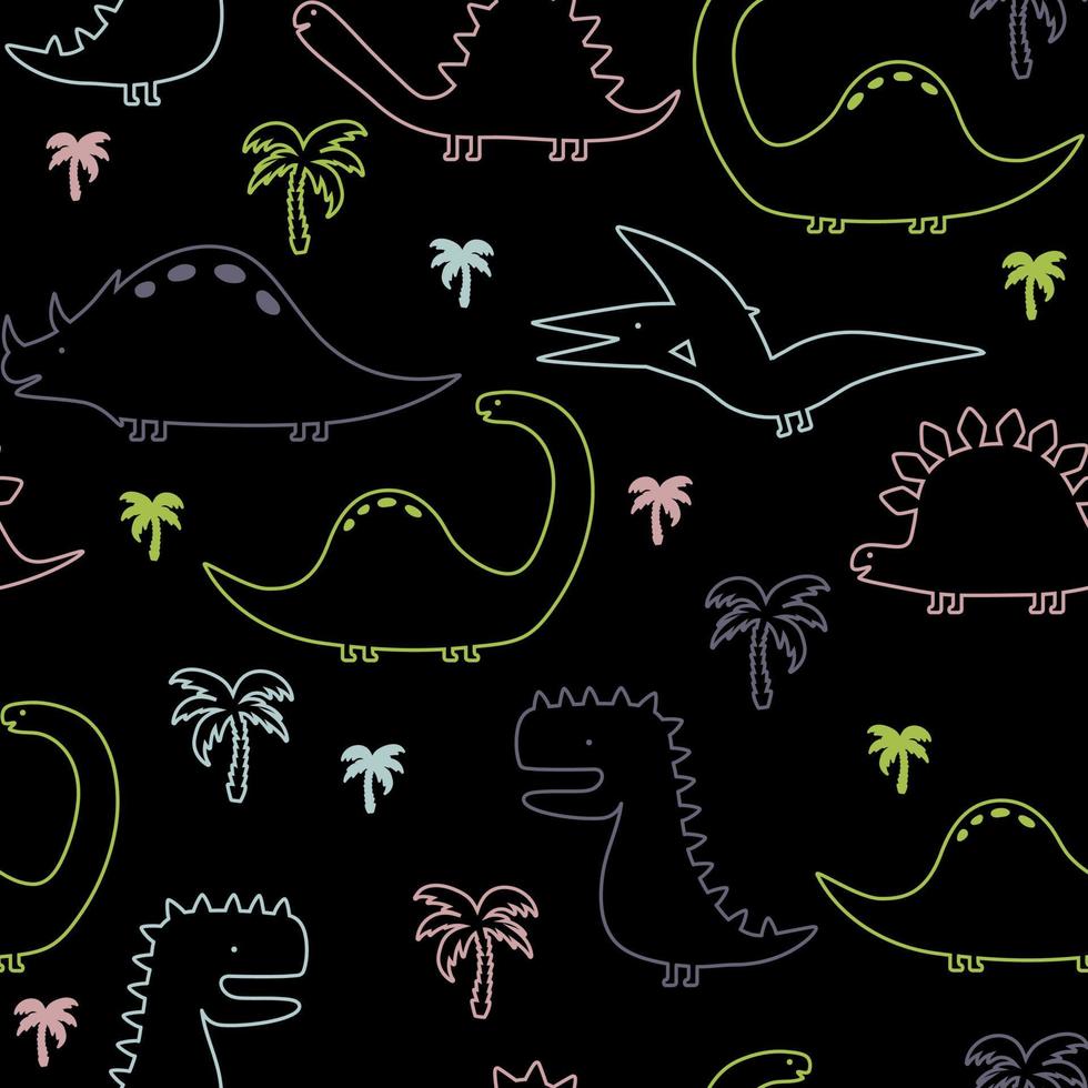 ilustración infantil vectorial, impresión, tarjeta con lindos dinosaurios y palmeras. patrones sin fisuras vector
