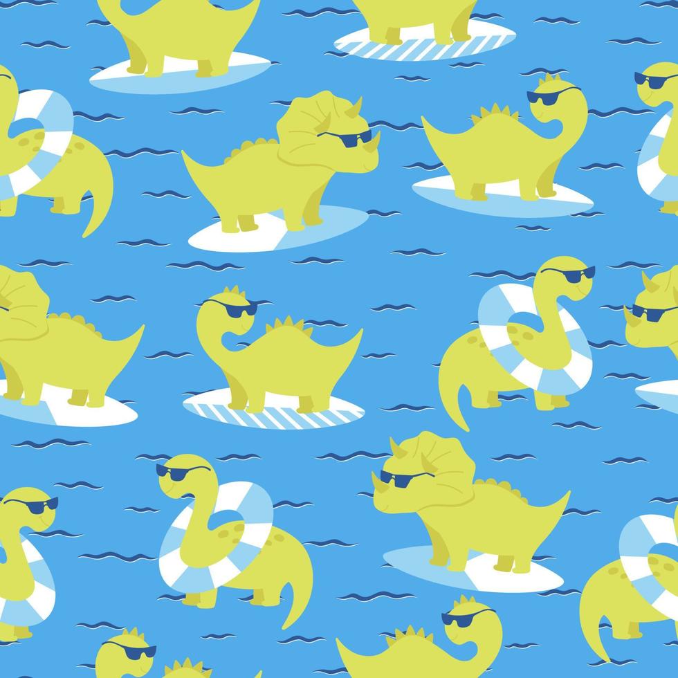 Seamless pattern with dinosaurs swim. Cartoon hand drawn illustration with board and circle for swimming. vector