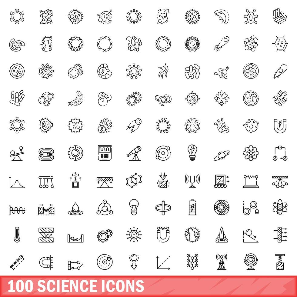 100 iconos de ciencia establecidos, estilo de esquema vector