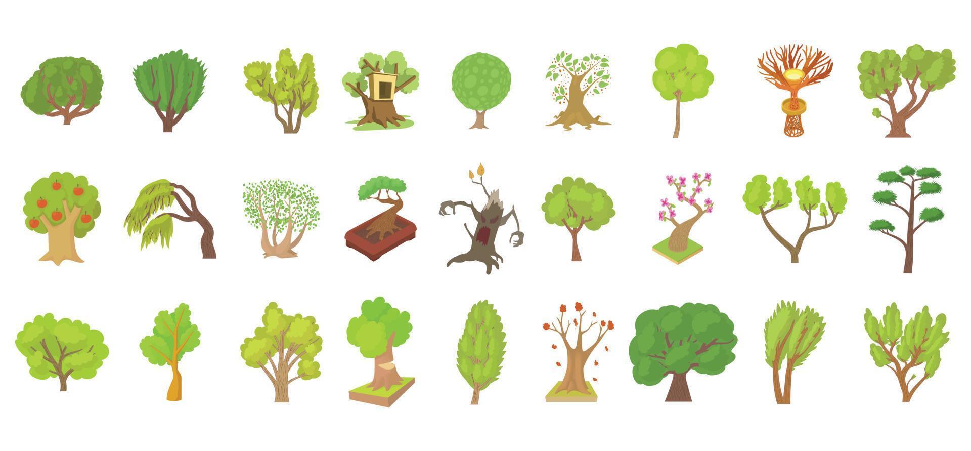 Tree icon set, cartoon style vector