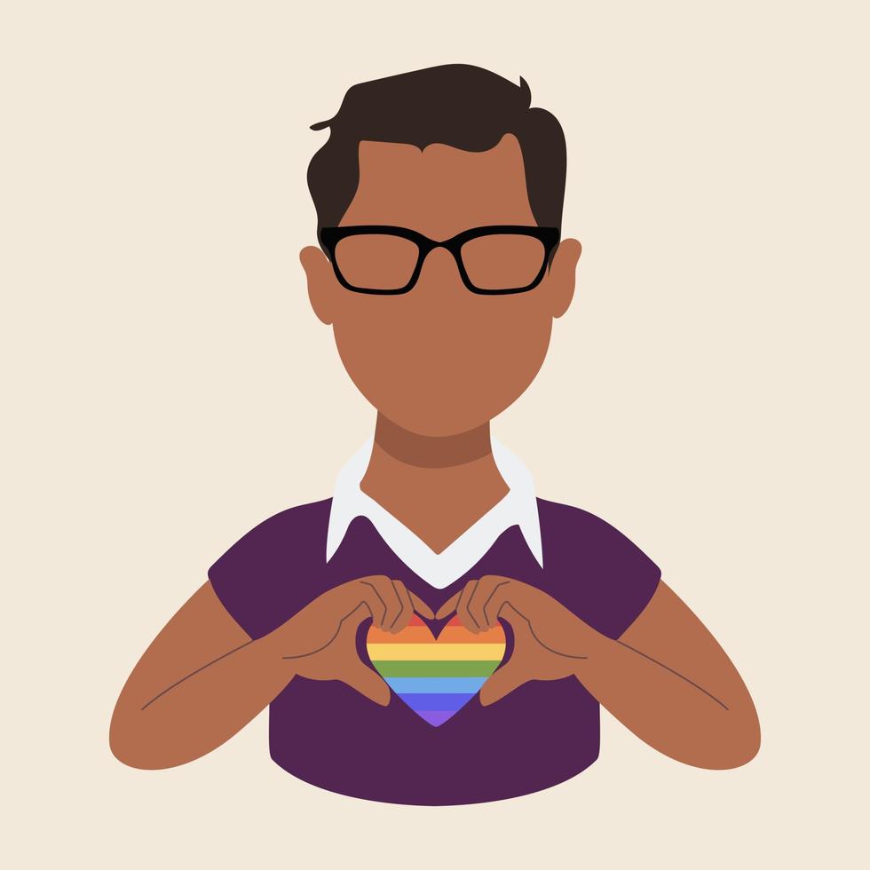 mes del orgullo lgbt. hombre multicultural que muestra apoyo a la comunidad lgbt. celebración del mes del orgullo contra la violencia, la discriminación. vector