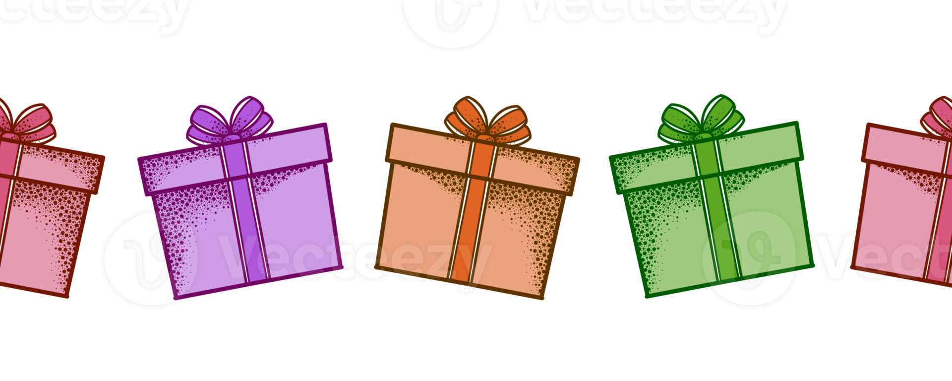 Bright Festive Multicolored Gift Boxes, Seamless Border pattern on Transparent Background png