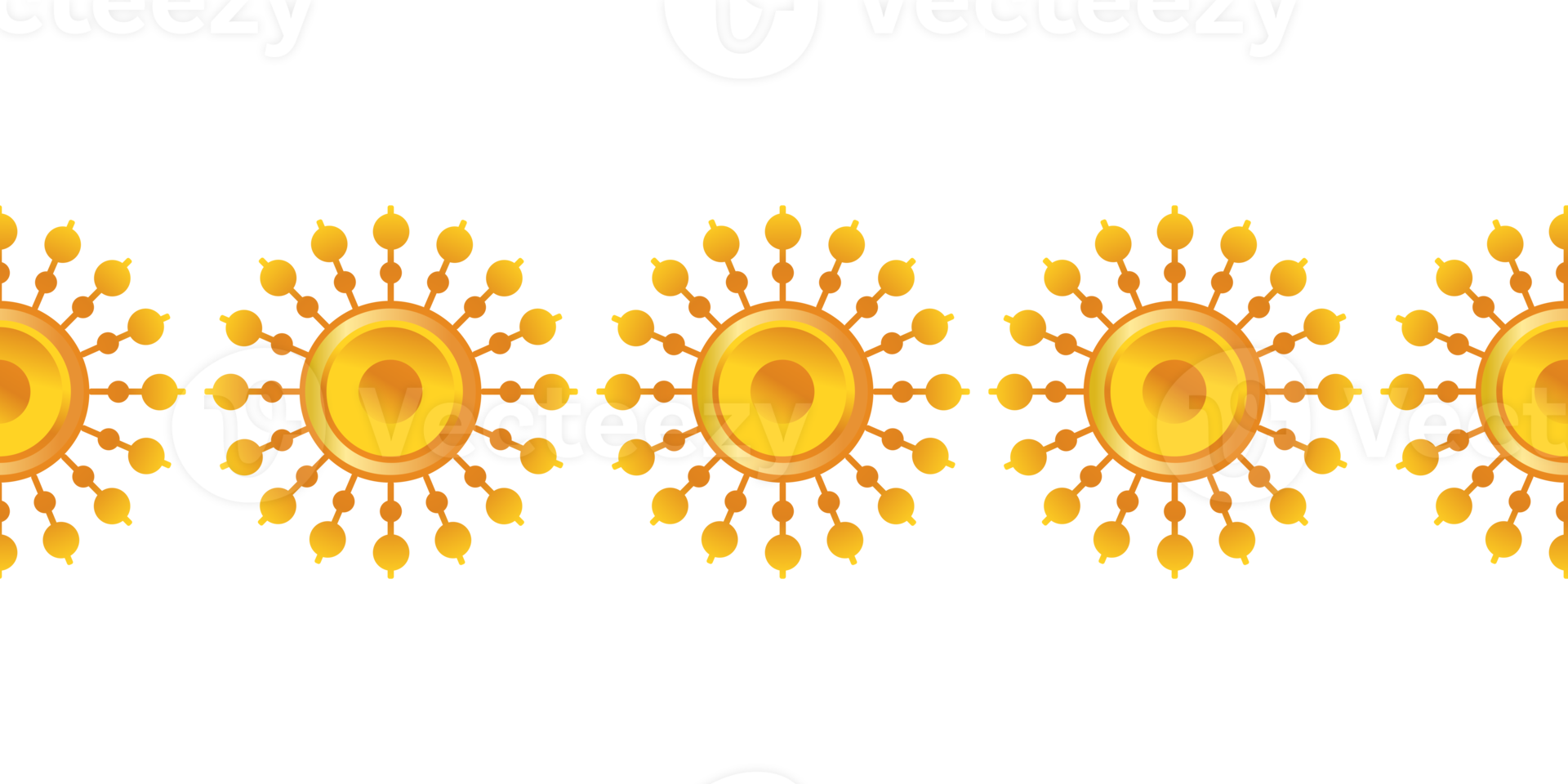 Yellow decorative flowers, sparks, the sun. Seamless border pattern, transparent background png