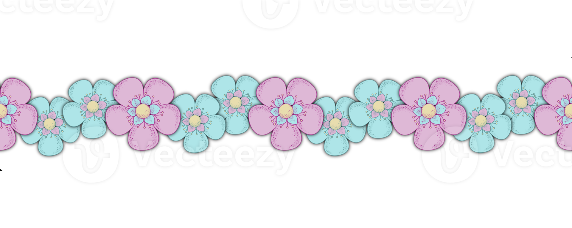 Blue and pink stylized decorative cherry blossoms, seamless border pattern, on transparent background png