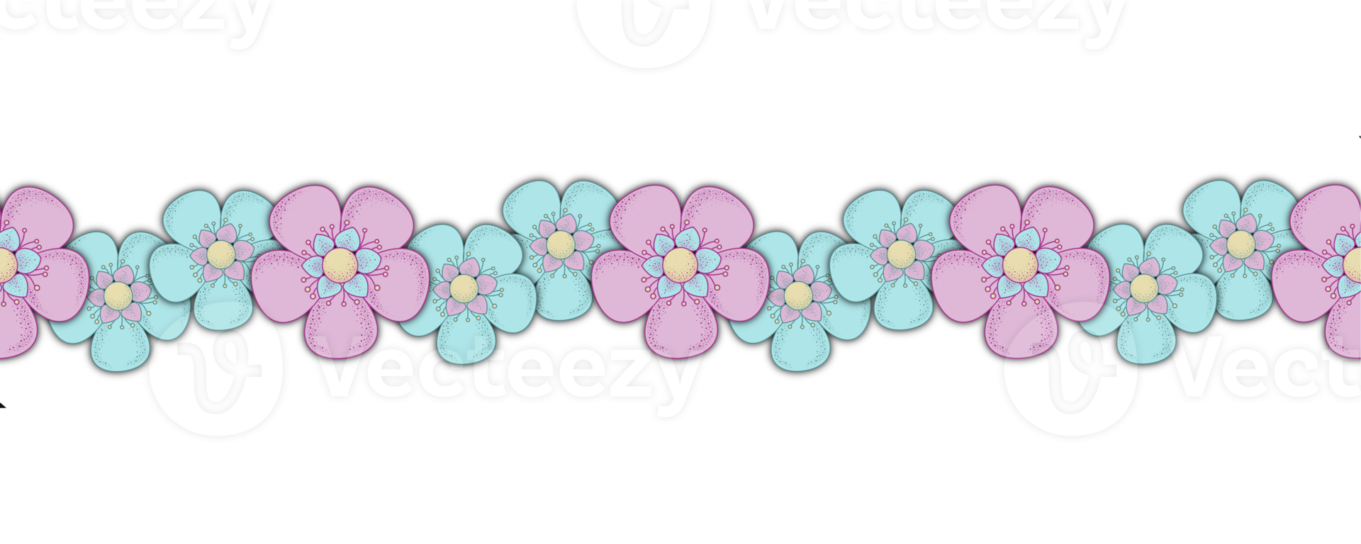 fleurs de cerisier décoratives stylisées bleues et roses, motif de bordure sans couture, sur fond transparent png