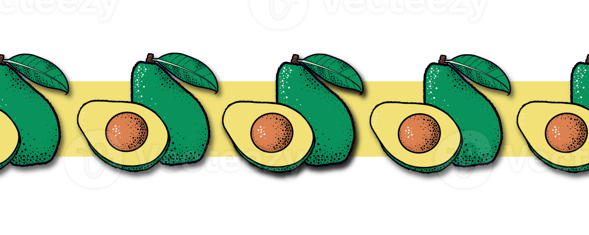 Ripe avocado fruit with a half on a wide yellow ribbon, seamless border pattern png
