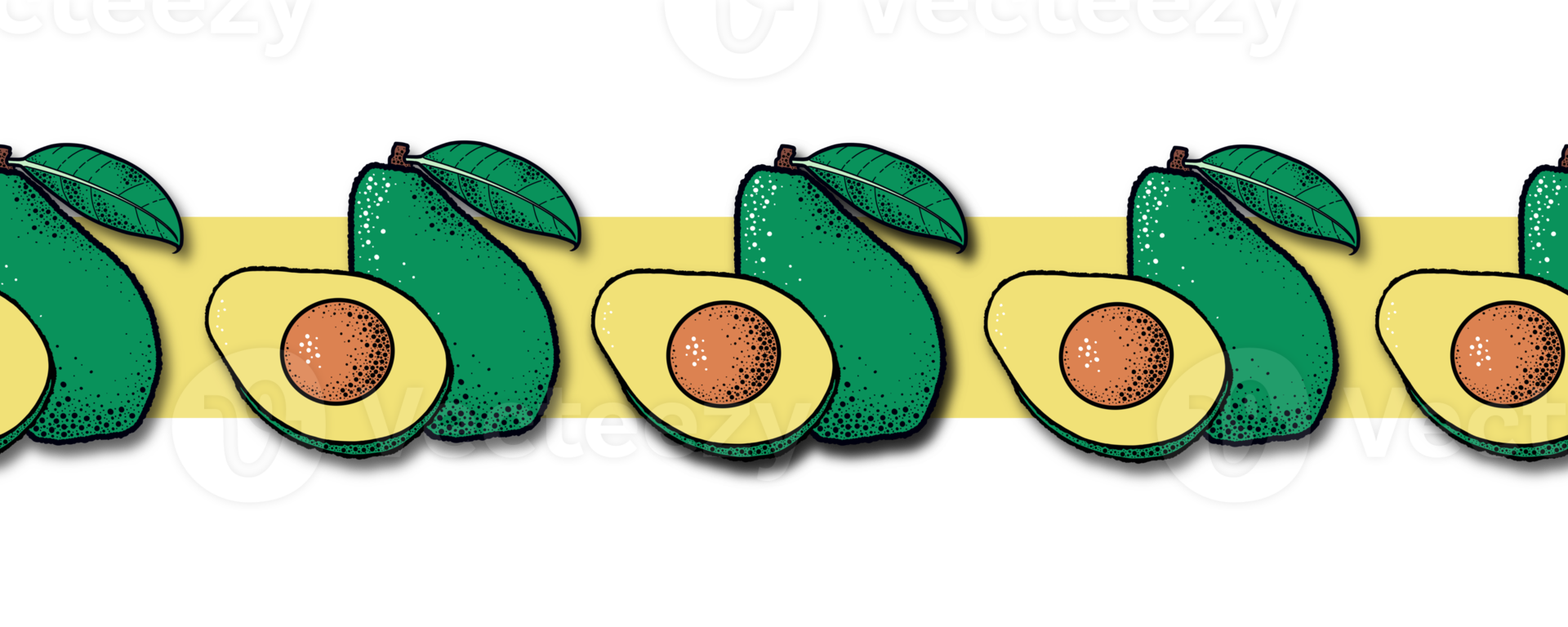 fruit d'avocat mûr avec une moitié sur un large ruban jaune, motif de bordure sans couture png