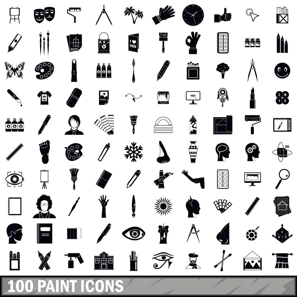 100 paint icons set, simple style vector