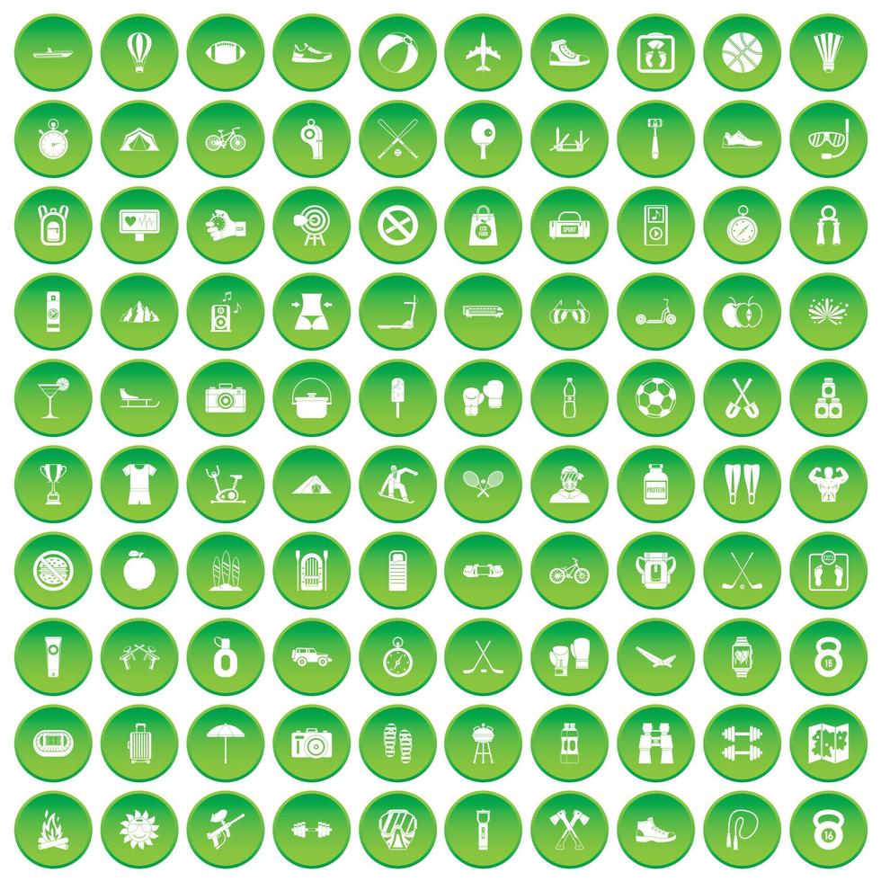 100 active life icons set green circle vector