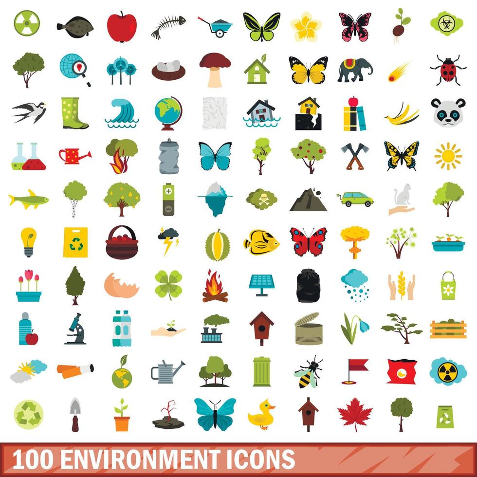 100 environment icons set, flat style vector
