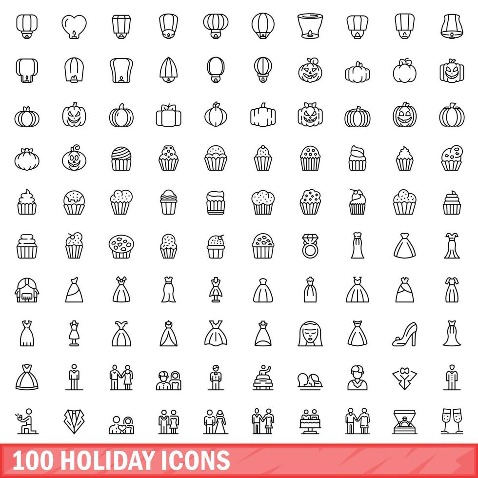 100 holiday icons set, outline style vector