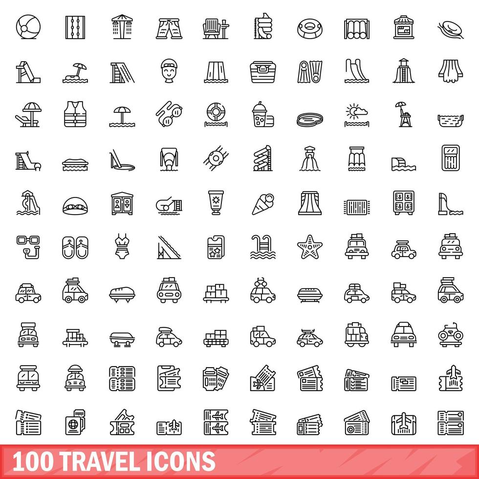 100 iconos de viaje, estilo de esquema vector