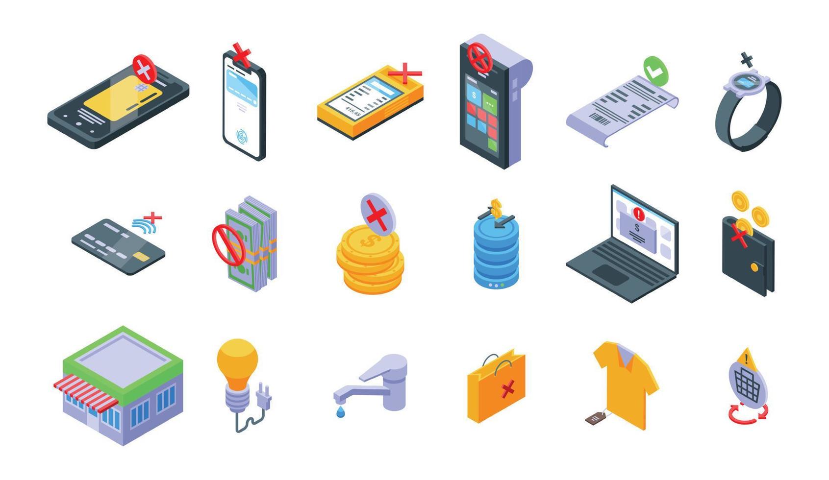 Payment cancellation icons set, isometric style vector