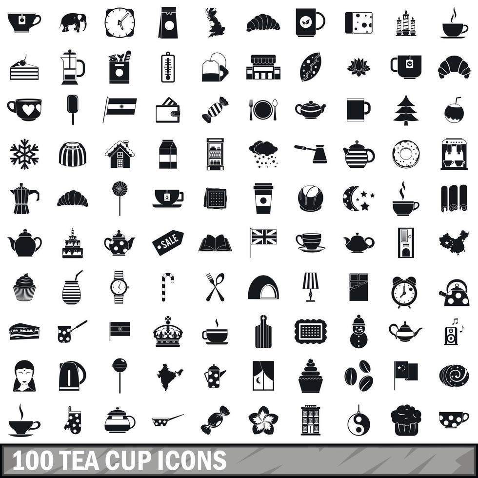 100 iconos de taza de té, estilo simple vector