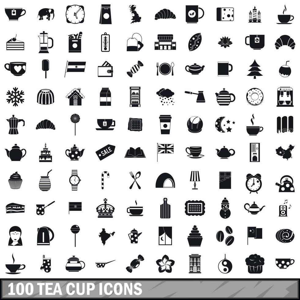 100 tea cup icons set, simple style vector