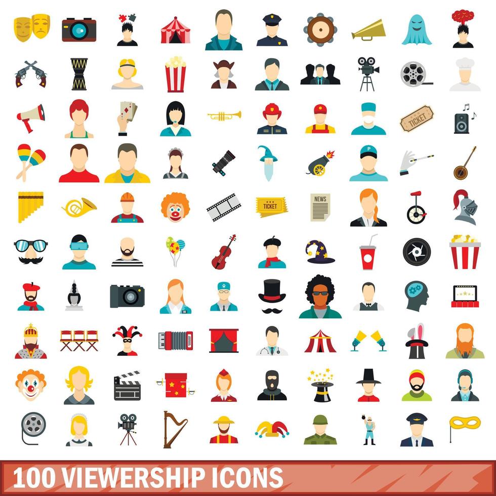 100 viewership icons set, flat style vector