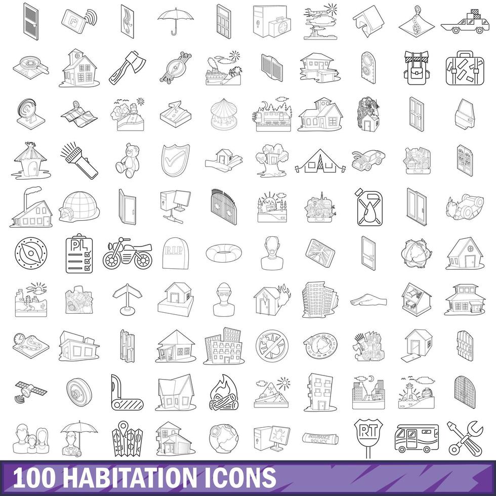 100 conjunto de iconos de vivienda, estilo de esquema vector