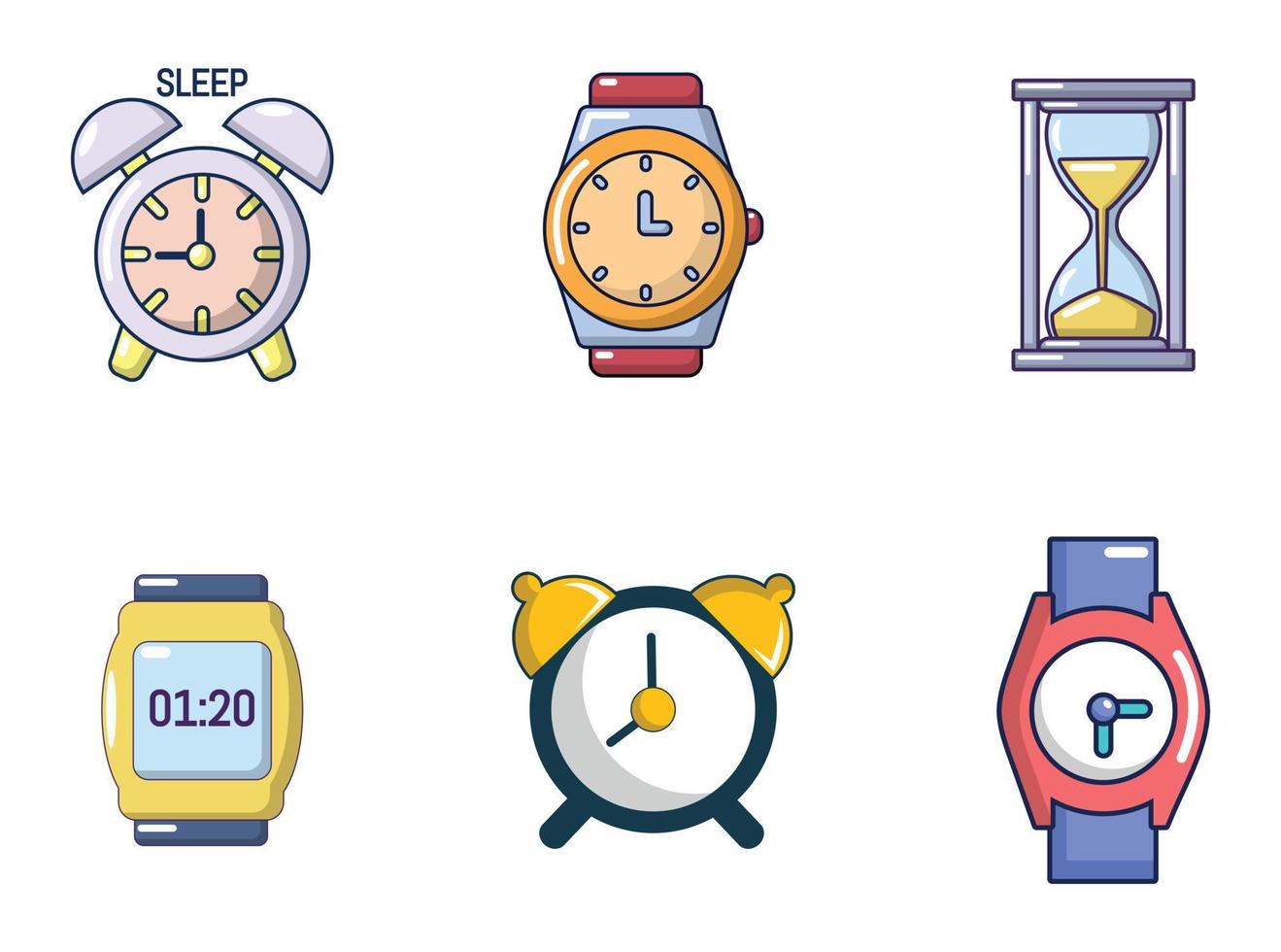 Clock icon set, cartoon style vector