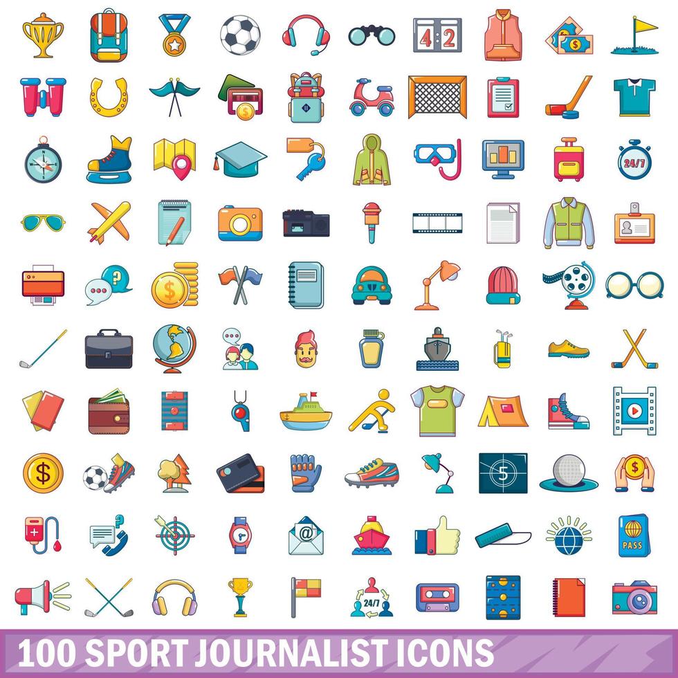 100 iconos de periodista deportivo, estilo de dibujos animados vector