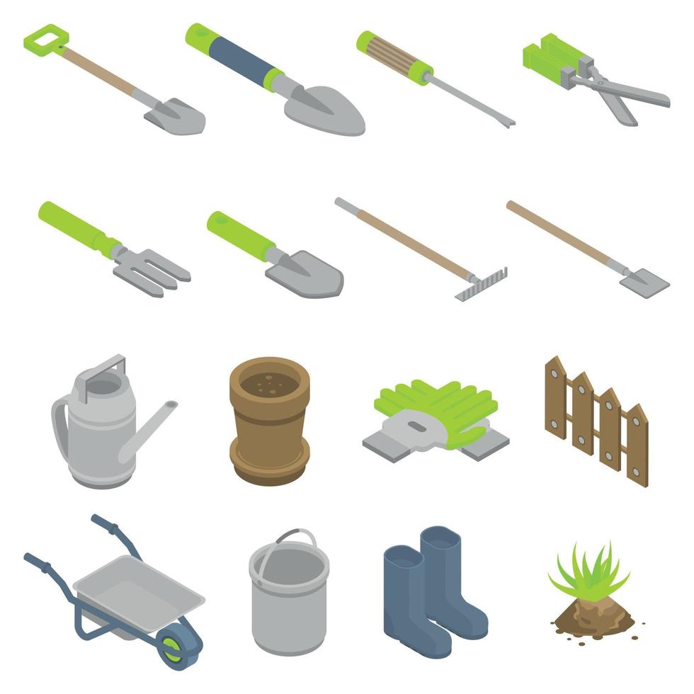conjunto de iconos de herramientas de jardinería, estilo isométrico vector