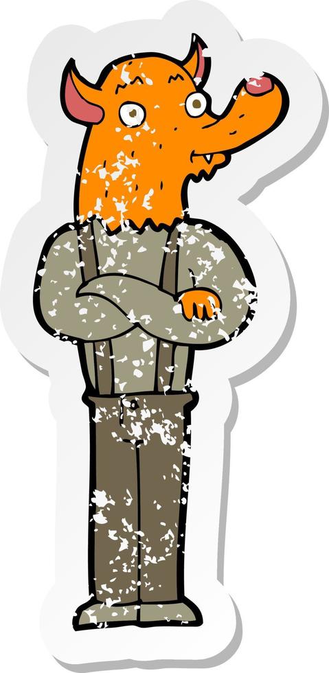 retro distressed sticker of a cartoon man with fox head vector