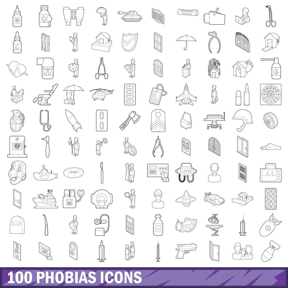 100 phobias icons set, outline style vector