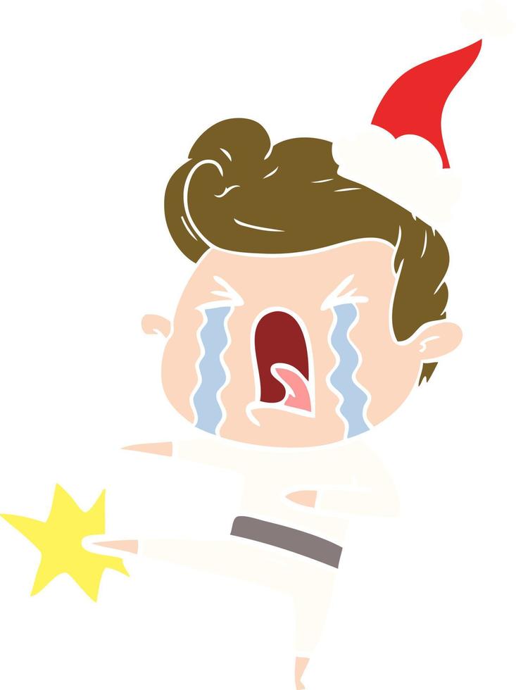 flat color illustration of a crying man wearing santa hat vector