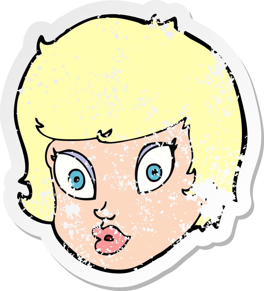 retro distressed sticker of a cartoon surprised female face vector