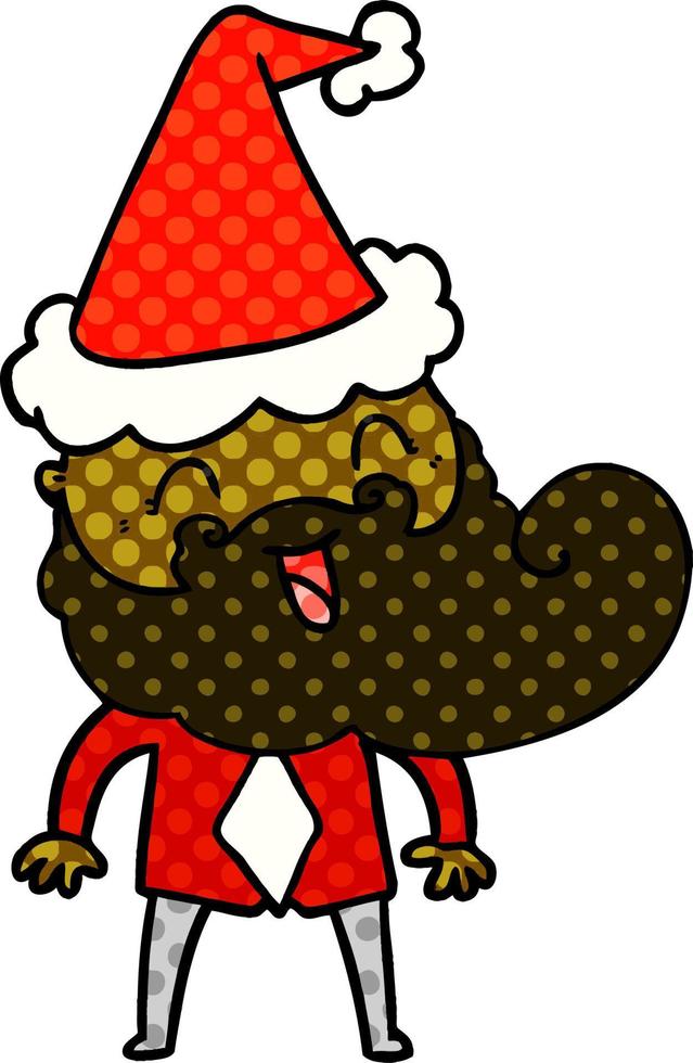 hand drawn comic book style illustration of a happy bearded man wearing santa hat vector