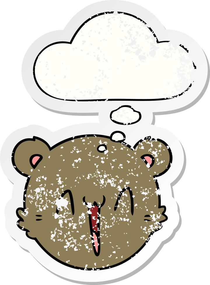 cute cartoon teddy bear face and thought bubble as a distressed worn sticker vector