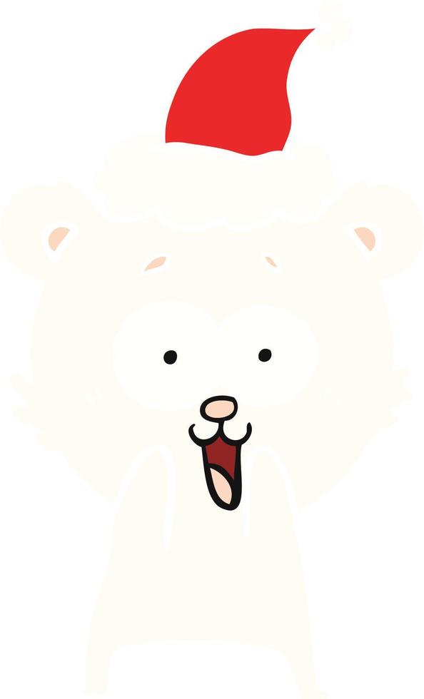 excited teddy bear flat color illustration of a wearing santa hat vector