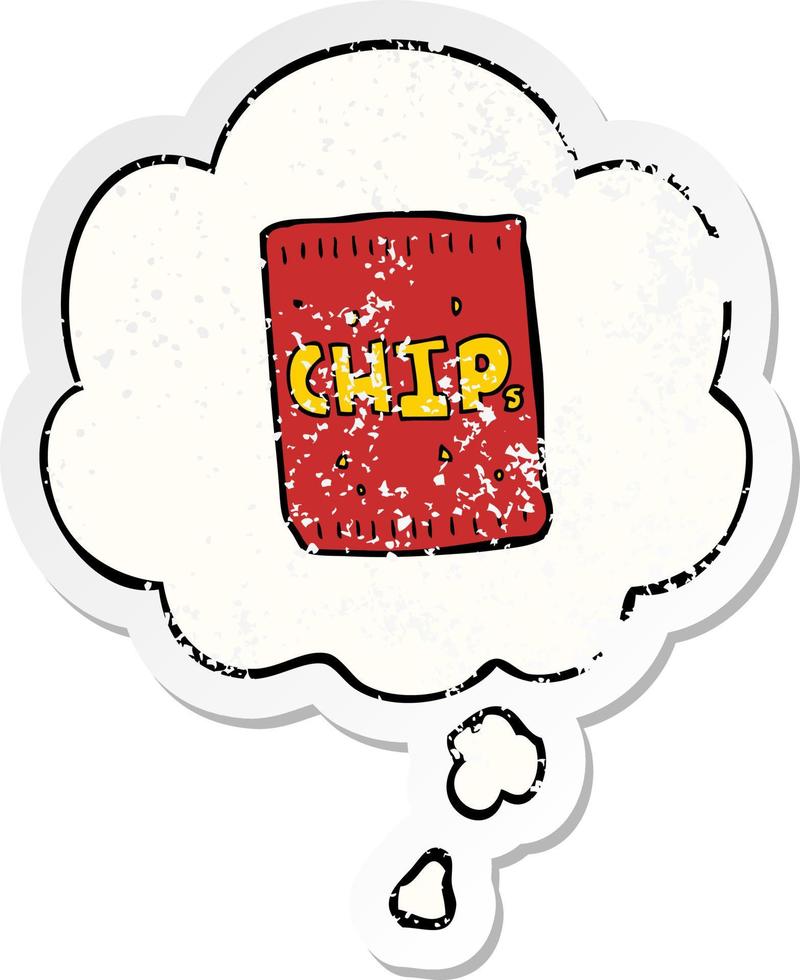 cartoon packet of chips and thought bubble as a distressed worn sticker vector