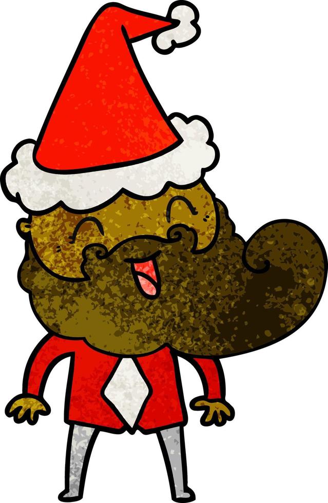 hand drawn textured cartoon of a happy bearded man wearing santa hat vector