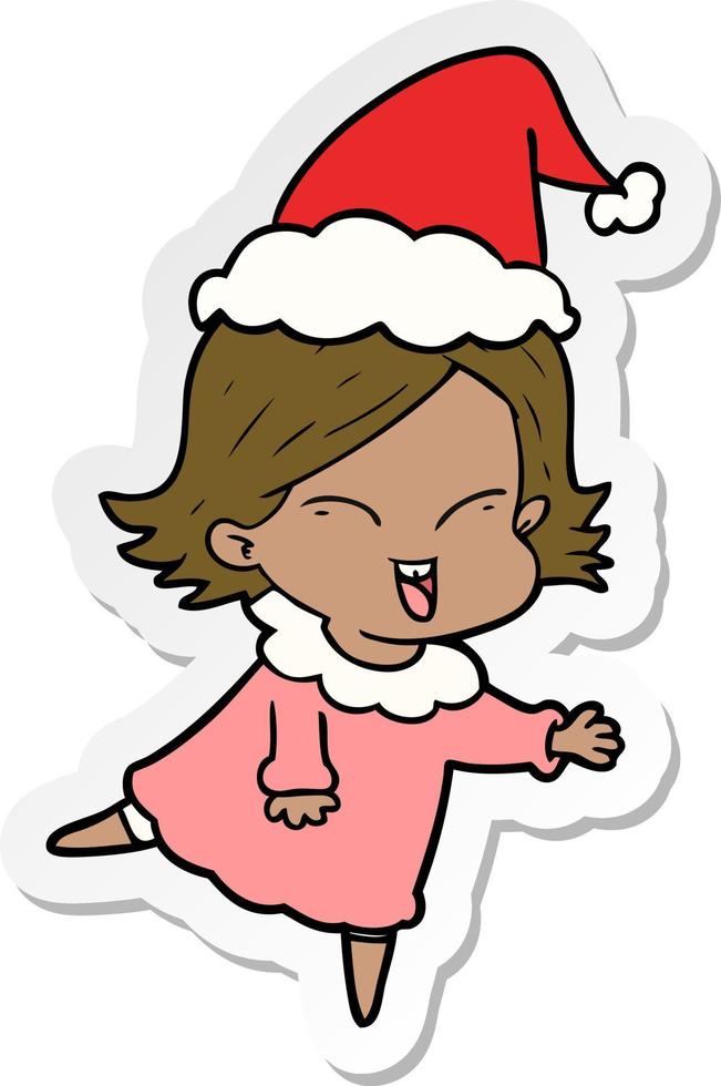 happy sticker cartoon of a girl wearing santa hat vector