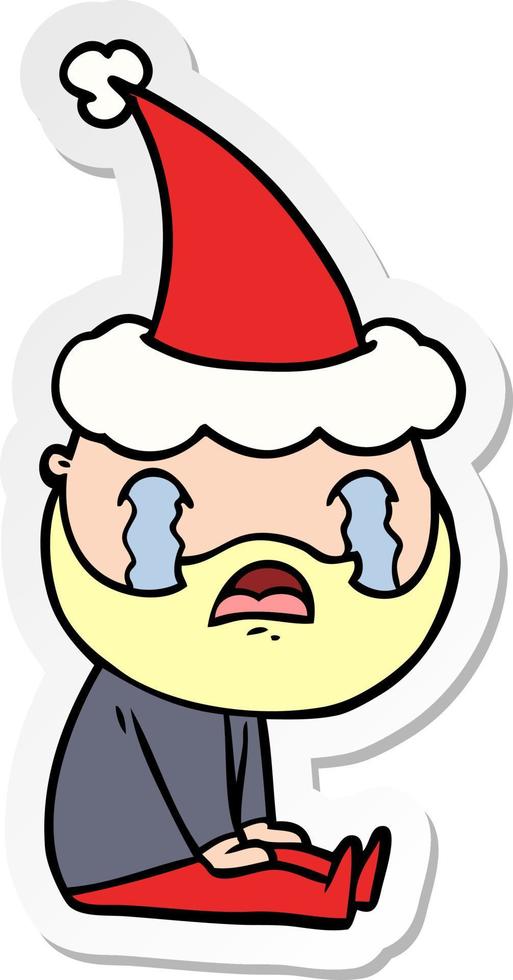 sticker cartoon of a bearded man crying wearing santa hat vector