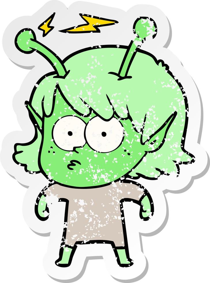 distressed sticker of a cartoon alien girl vector