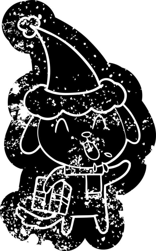 cute cartoon distressed icon of a dog with christmas present wearing santa hat vector