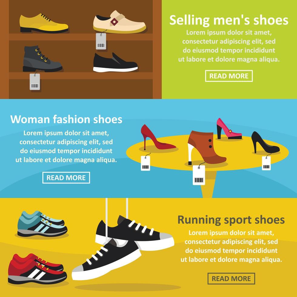 Shoes fasion banner horizontal set, flat style vector