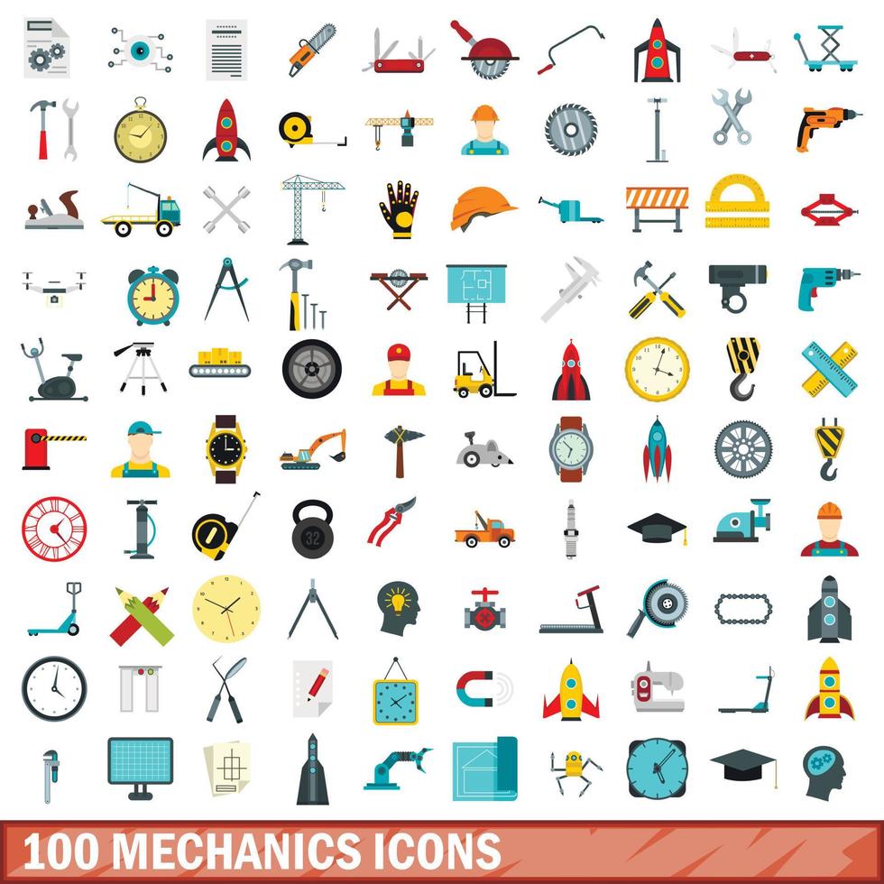 100 mechanics icons set, flat style vector