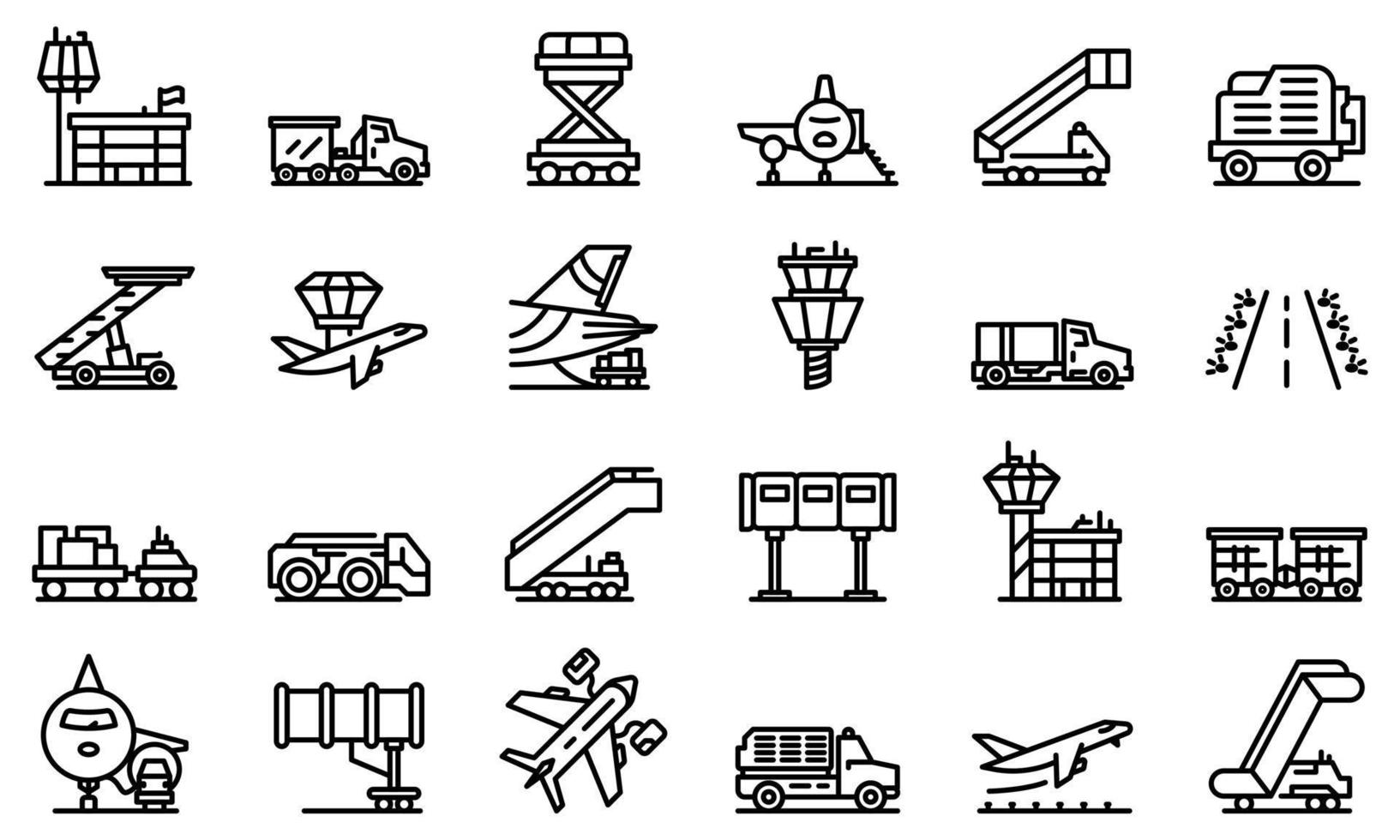 Airport ground support service icons set, outline style vector