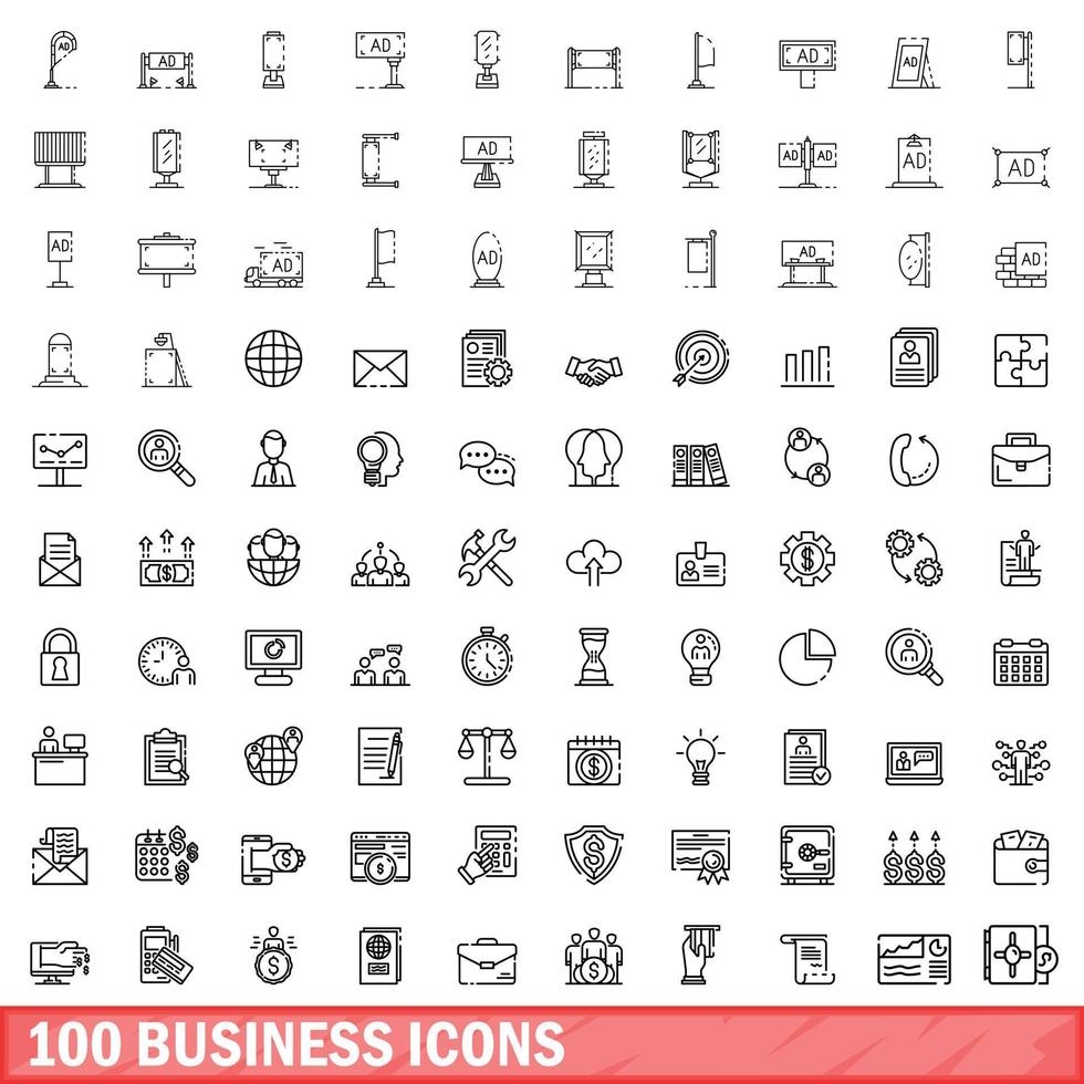 100 business icons set, outline style vector