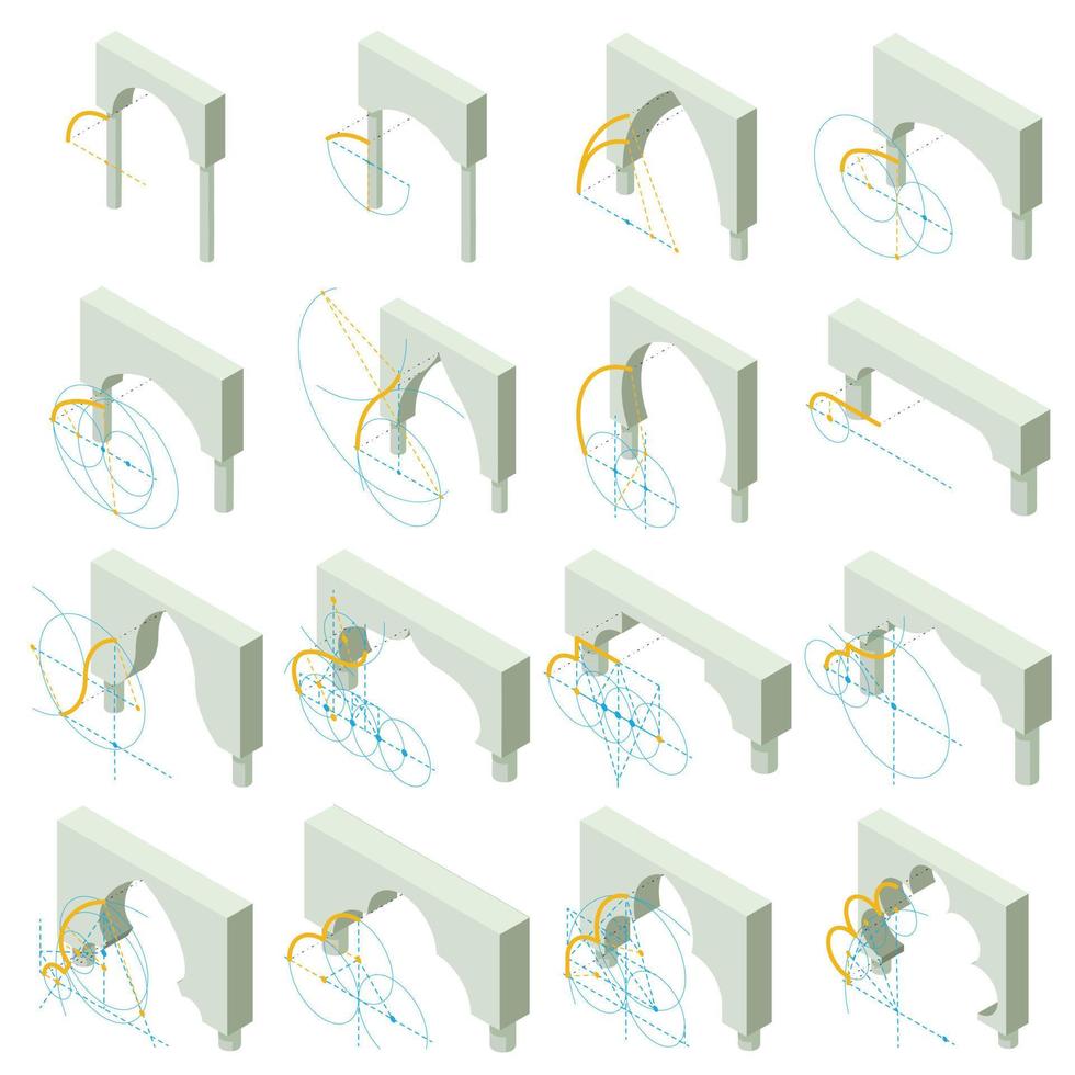 Arch types icons set, isometric style vector