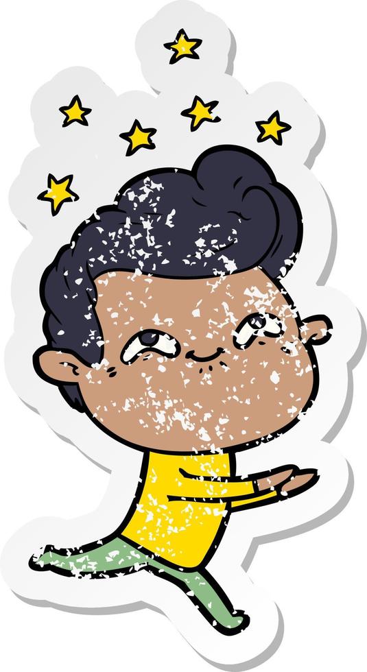 distressed sticker of a cartoon excited man vector