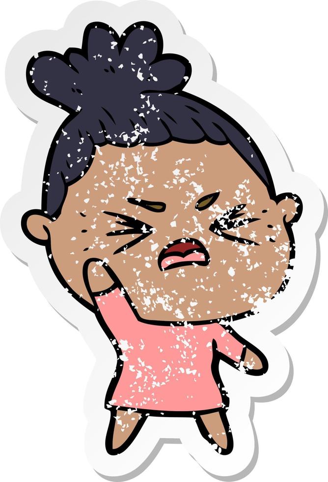 distressed sticker of a cartoon angry woman vector