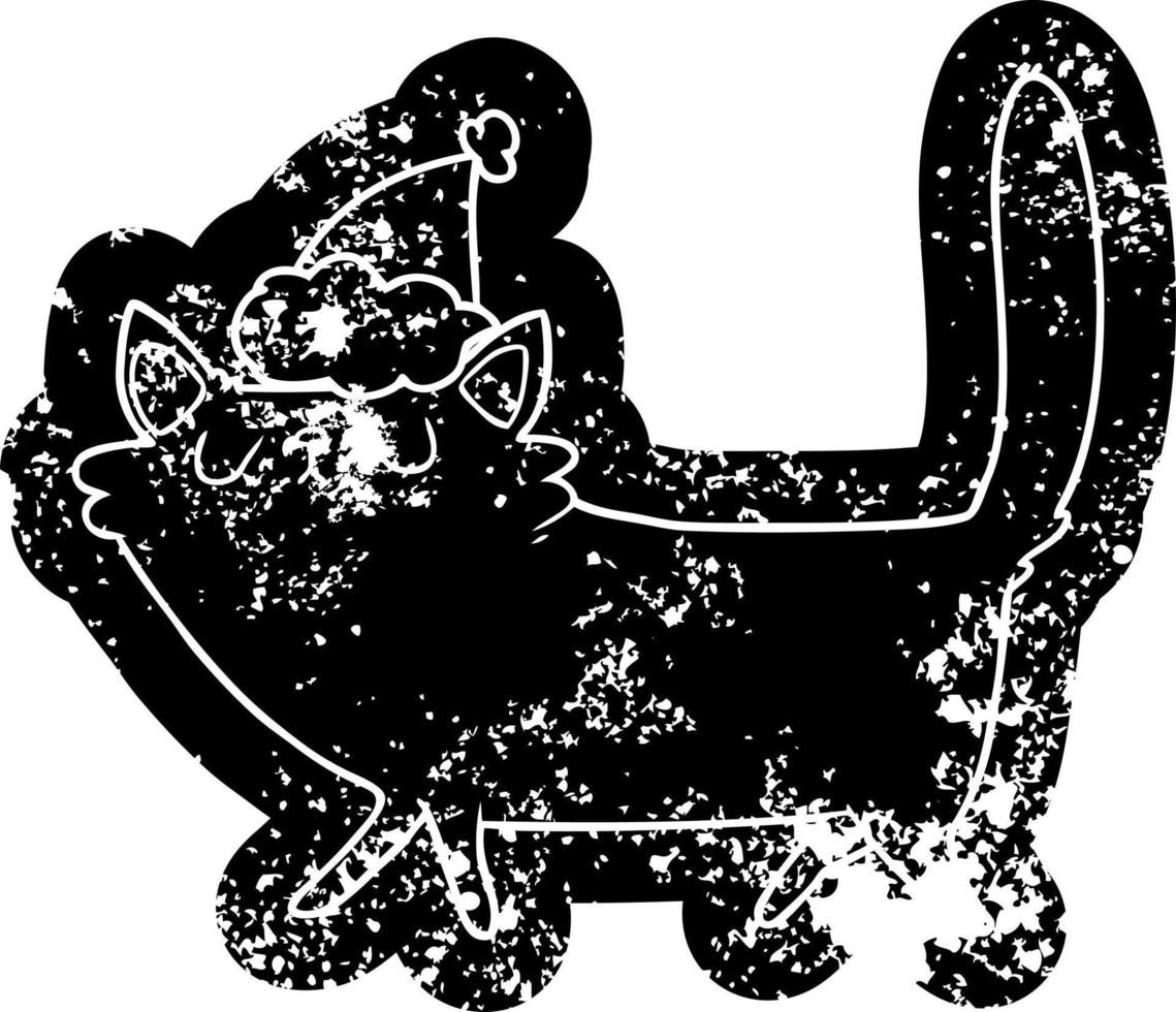 cartoon distressed icon of a black cat wearing santa hat vector