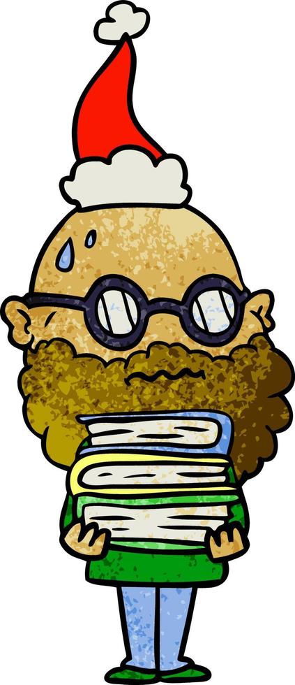 textured cartoon of a worried man with beard and stack of books wearing santa hat vector