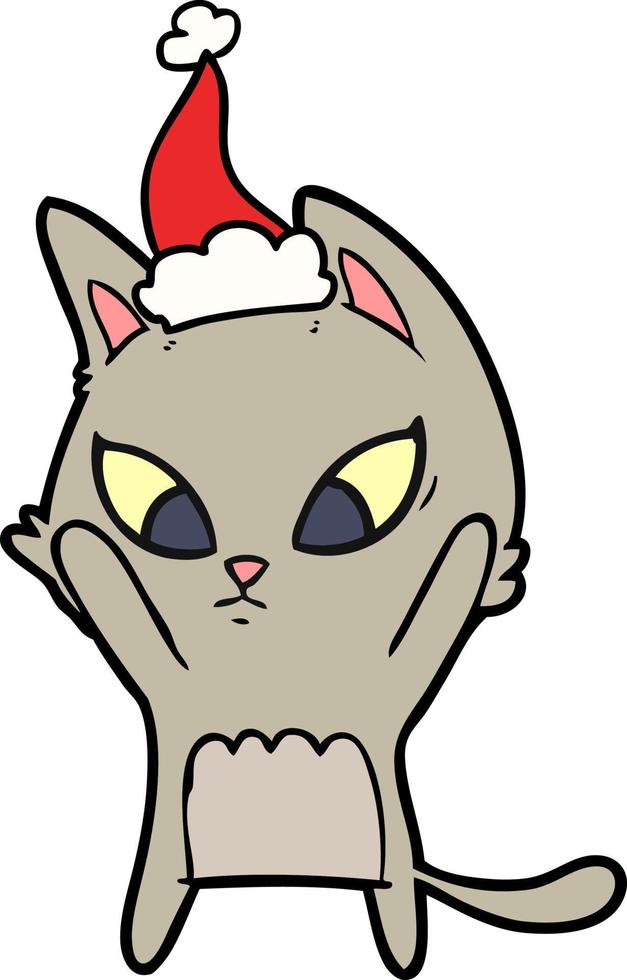 confused line drawing of a cat wearing santa hat vector