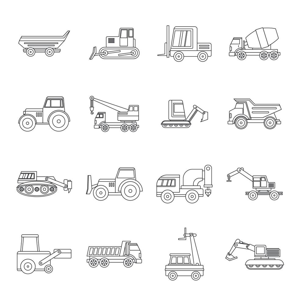 Building vehicles icons set, outline style vector