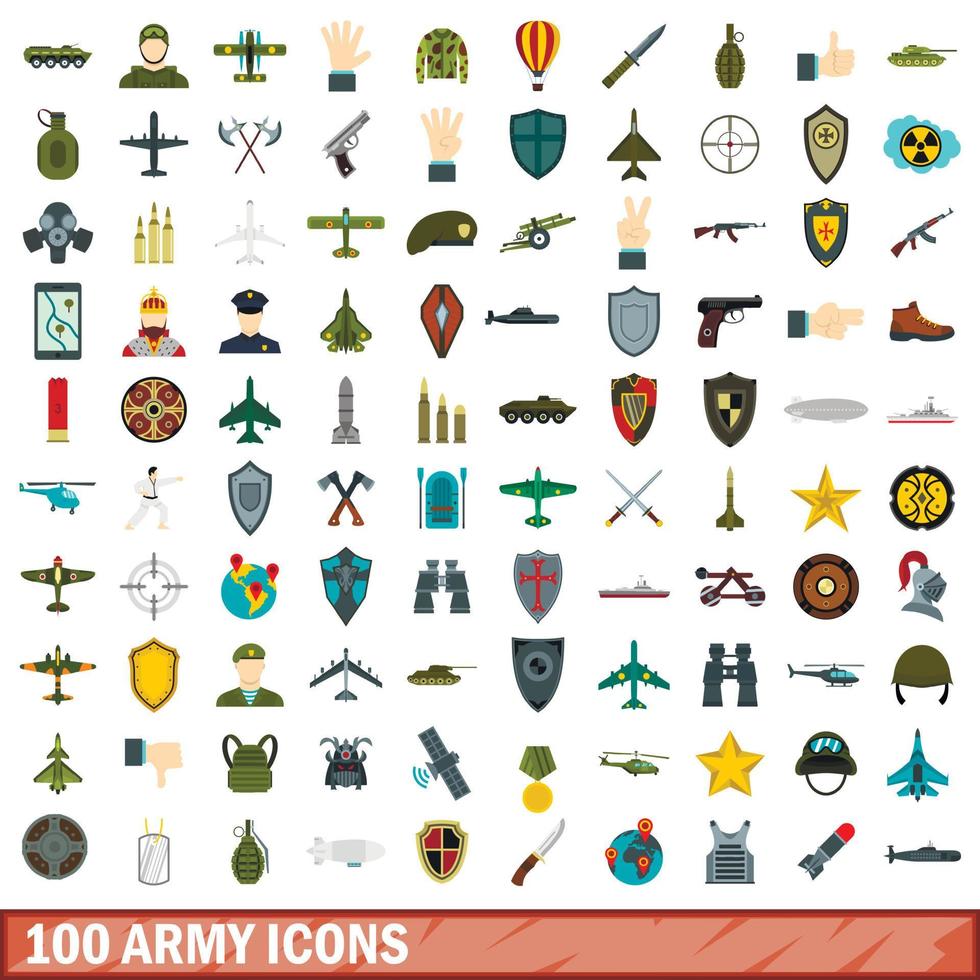 100 army icons set, flat style vector