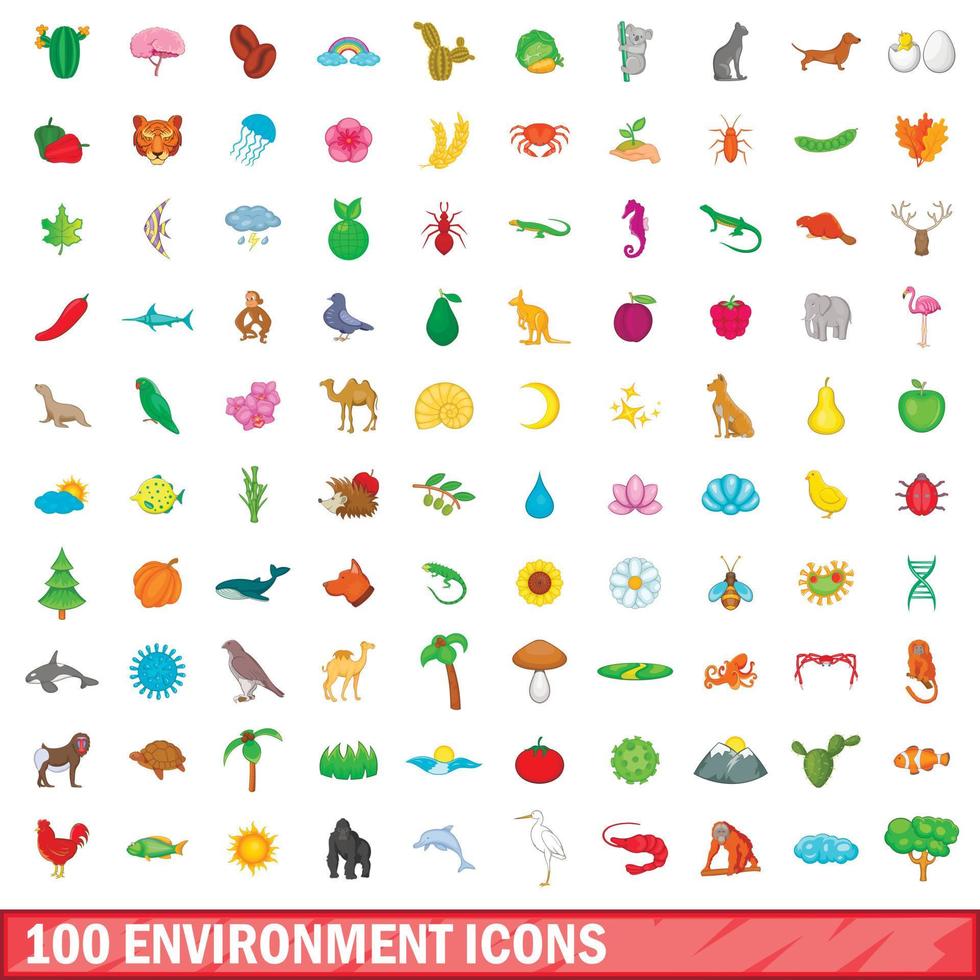 100 entorno, conjunto de iconos de estilo de dibujos animados vector